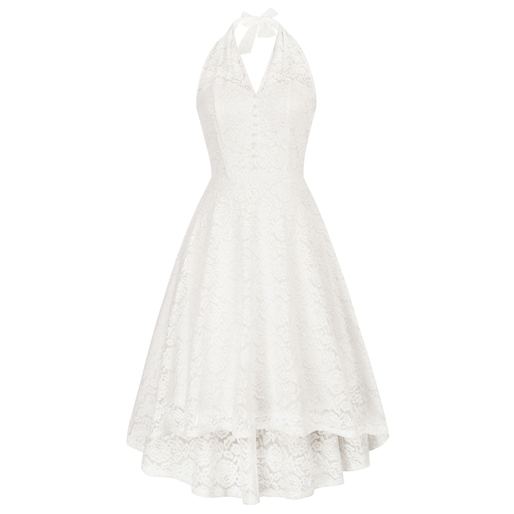 Vintage Halterneck Lace Dress V-Neck High-Low A-Line Dress