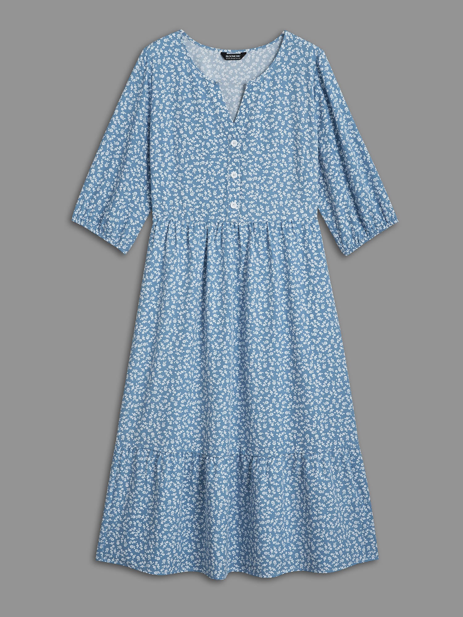 Notched Ditsy Floral Button Midi Dress