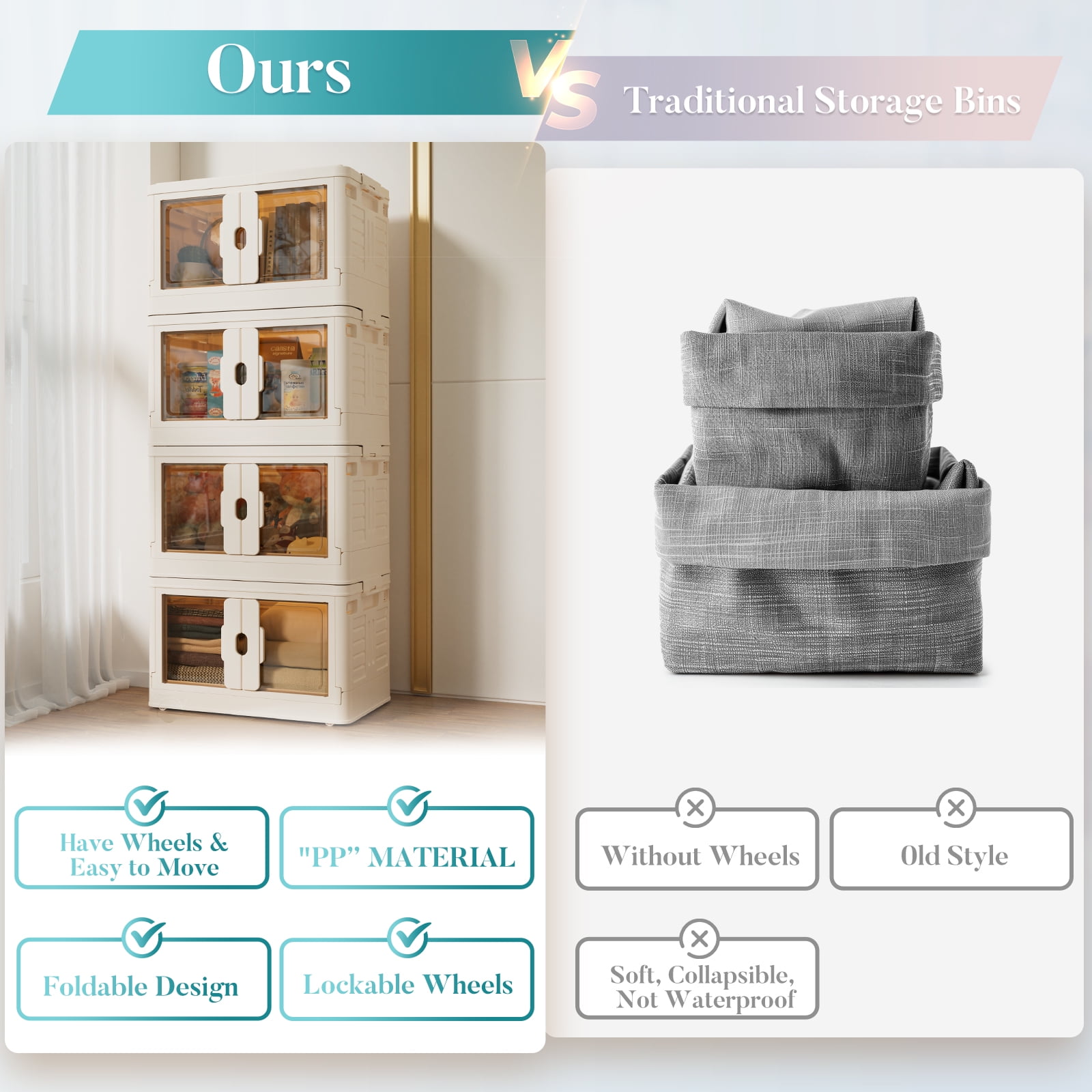 CONCETTA 33.6GAL/148QT Stackable Storage Bin with Lids and Wheels, Collapsible Foldable Plastic Closet Organizer for Home