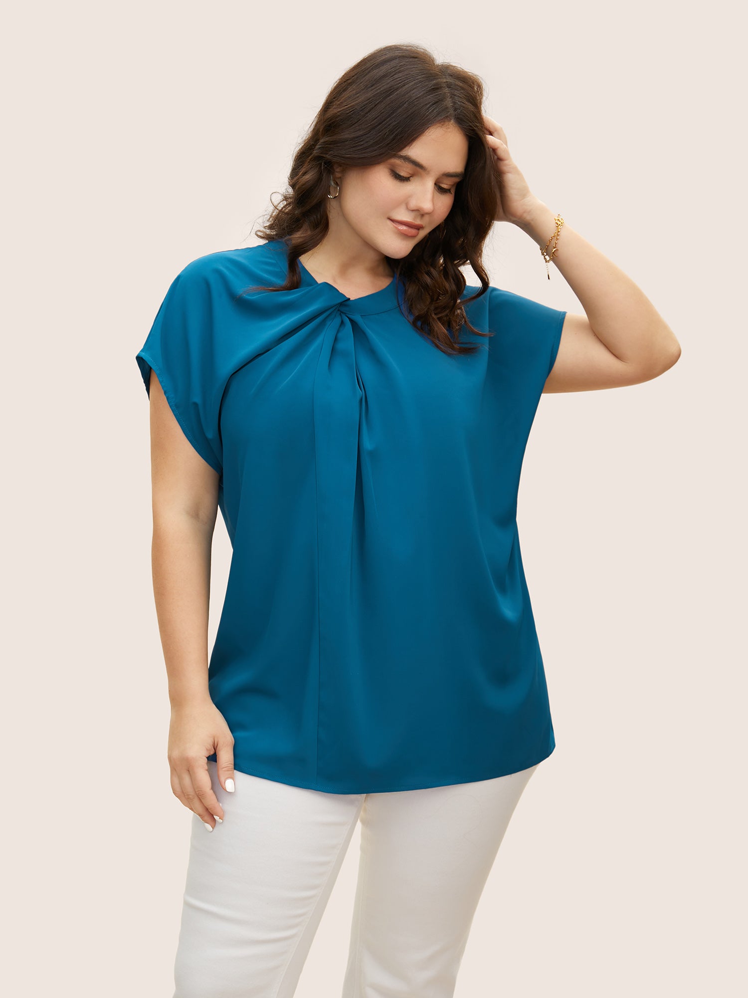 Twist Front Pleated Dolman Sleeve Blouse