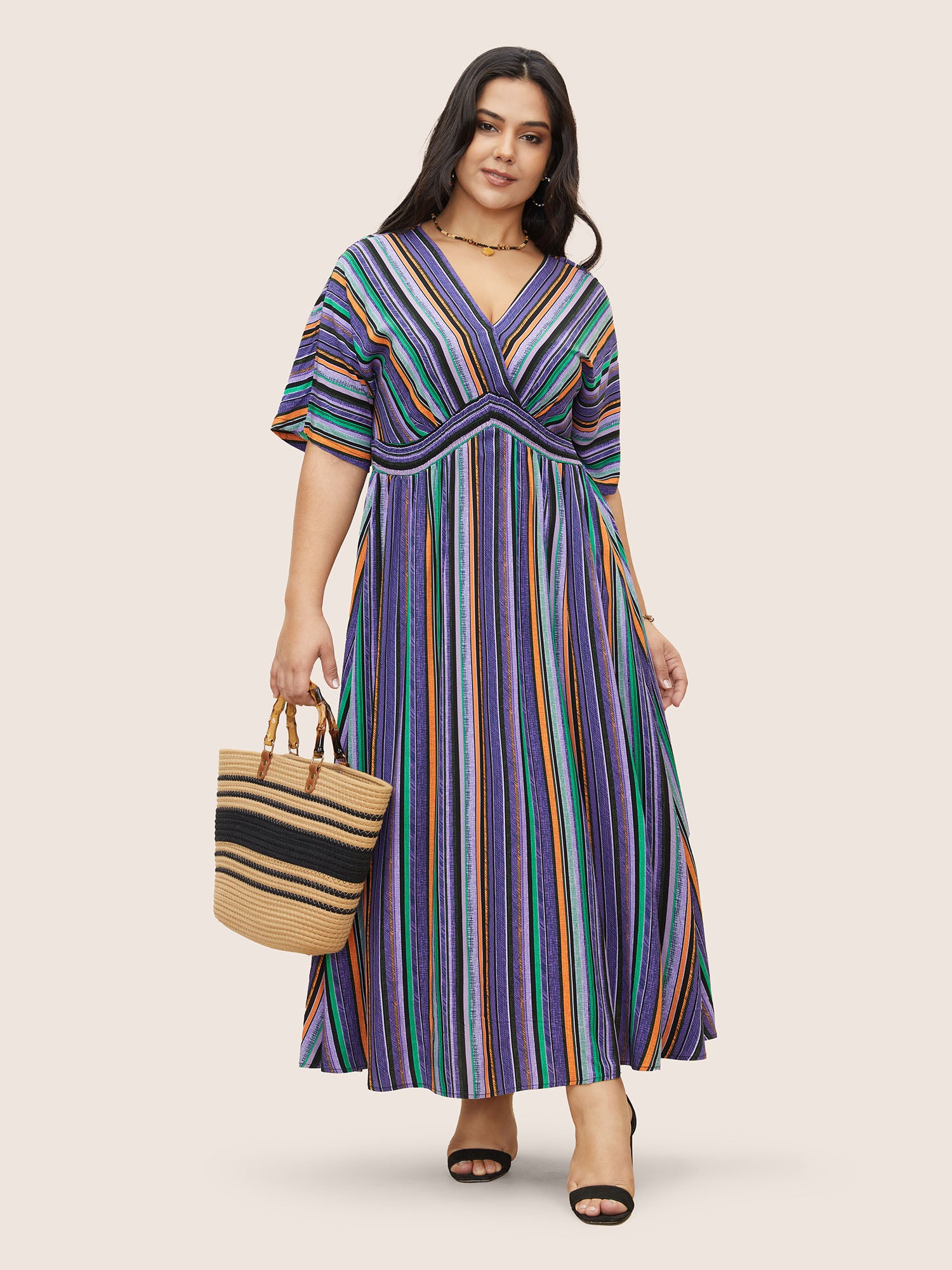 Striped Contrast Dolman Sleeve Shirred Pocket Split Flutter Dress
