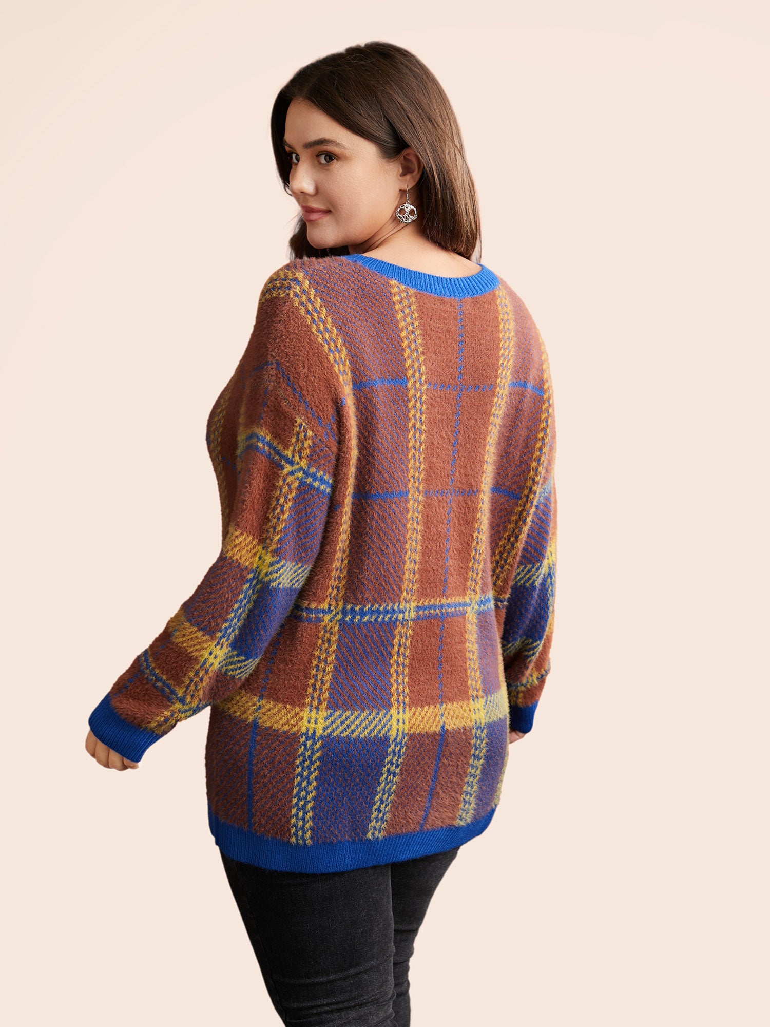 Plaid Texture Crew Neck Pullover