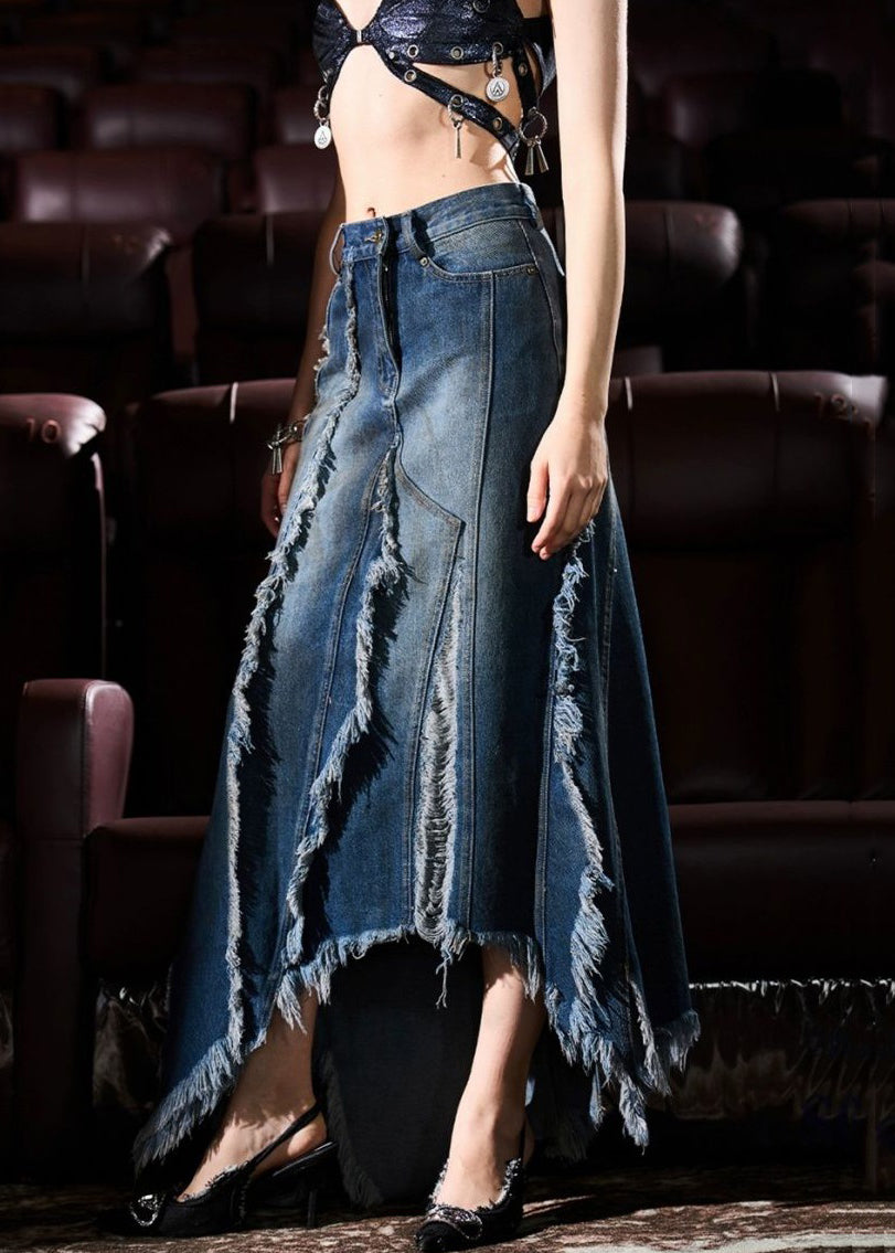 Blue Asymmetrical Design Tasseled Denim Skirt Summer