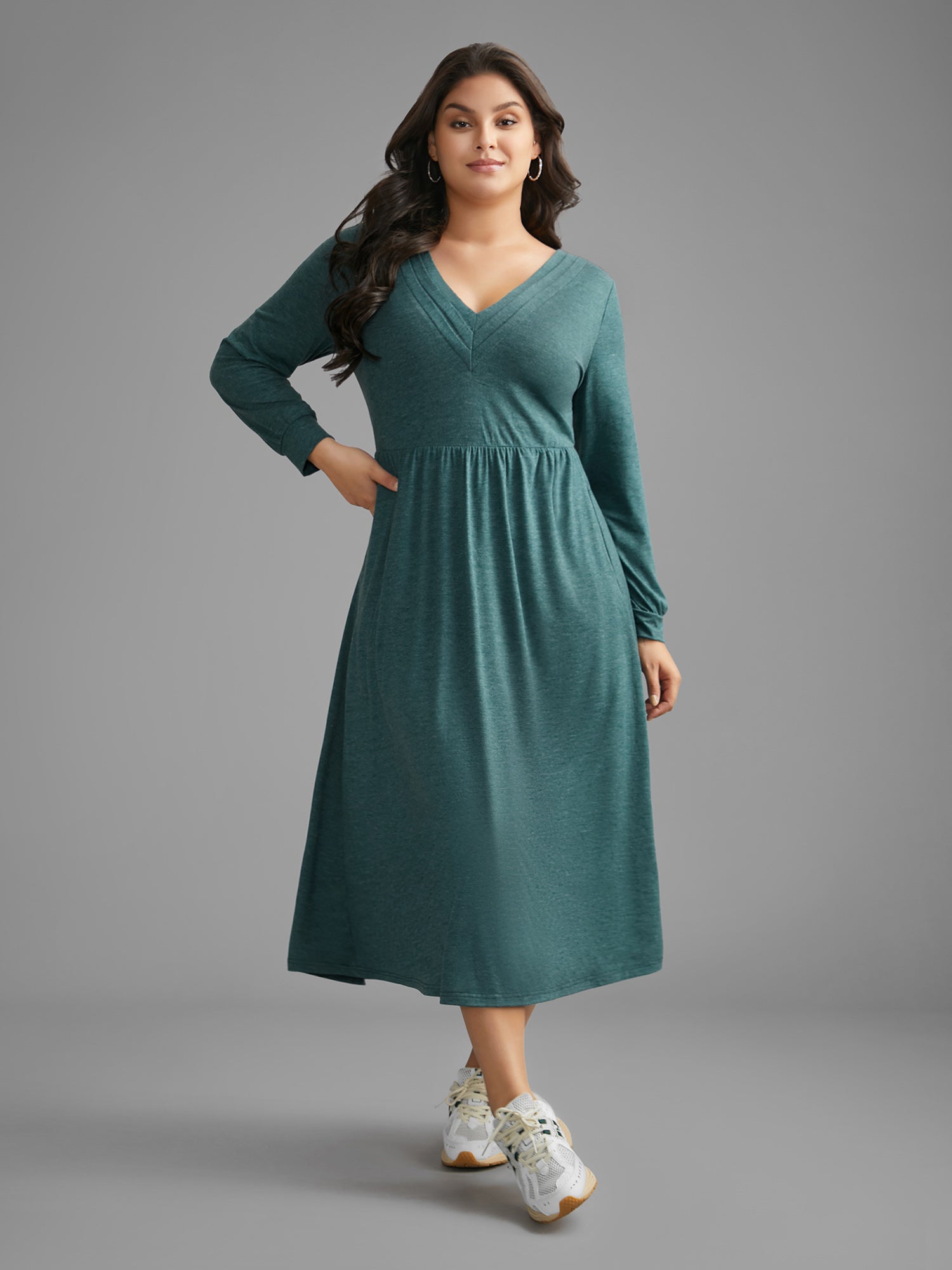 Solid V Neck Pleated Knit Dress