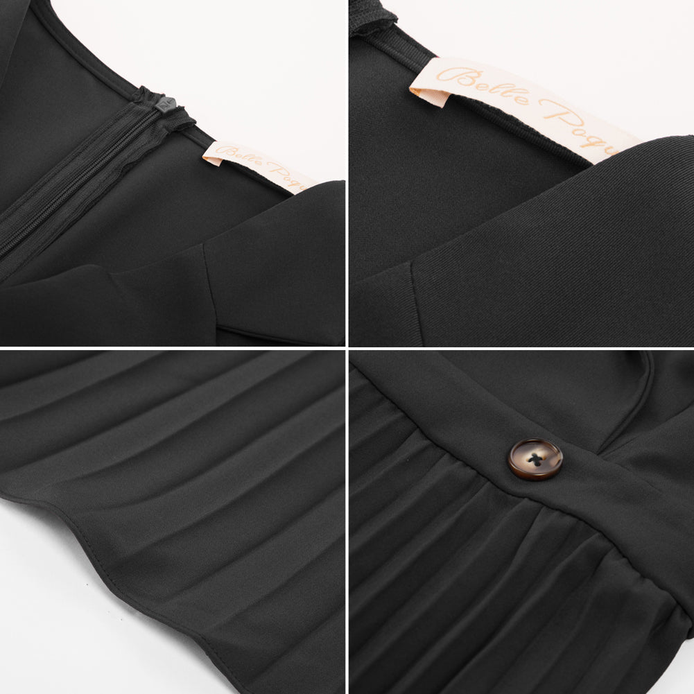 Pleated Dress 3/4 Sleeve Lapel Collar V-Neck Defined Waist A-Line Dress
