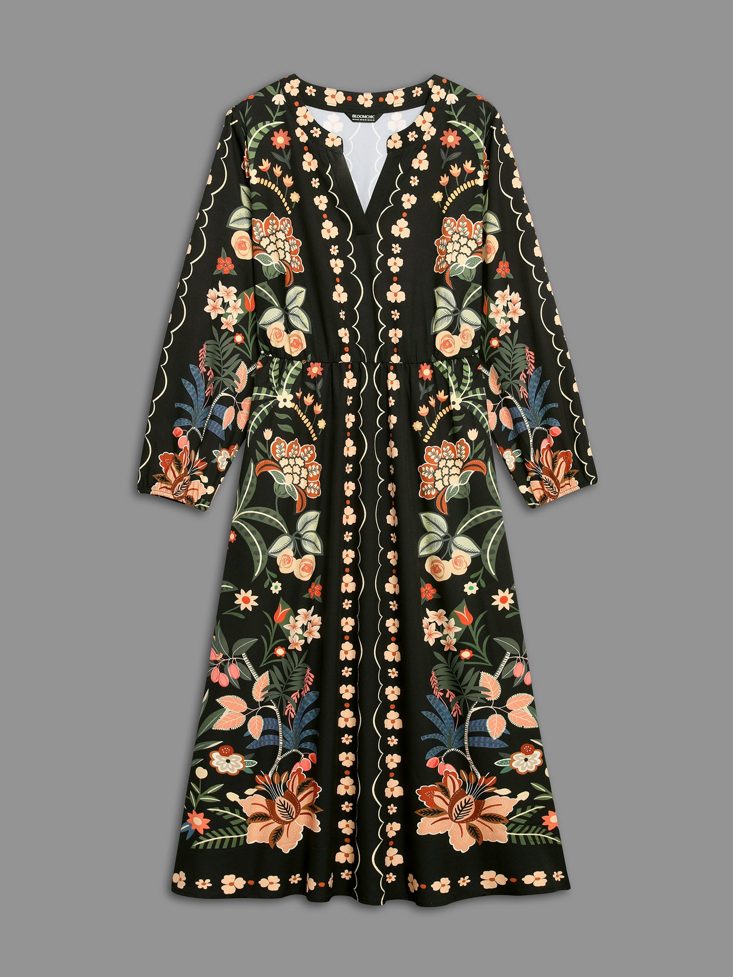 Floral Print Notched Collar Elastic Waist Dress