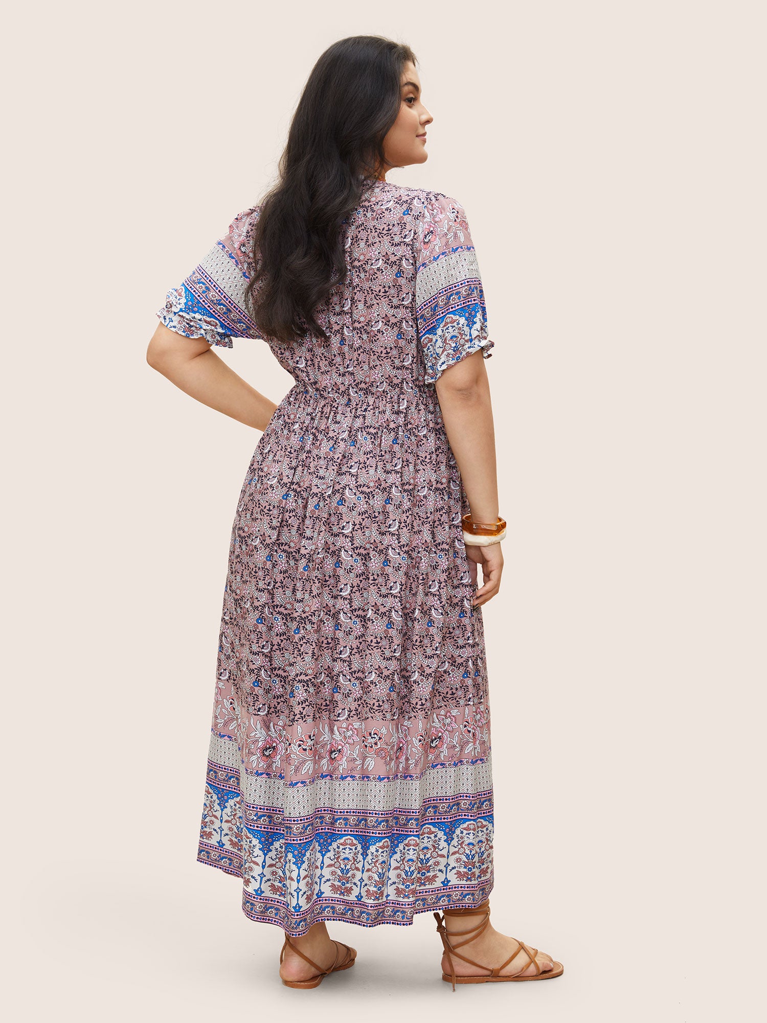 Boho Print Notched Ties Tassel Trim Dress