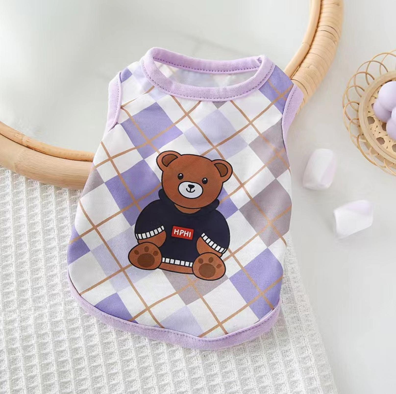 Purple Checkered Bear Print Summer Pet Vest