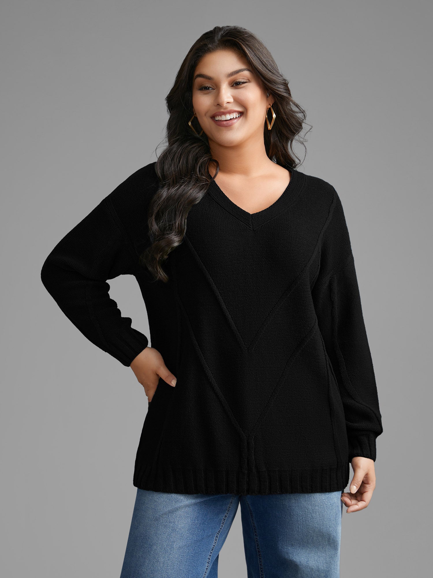 V Neck Cable Knit Texture Pullover