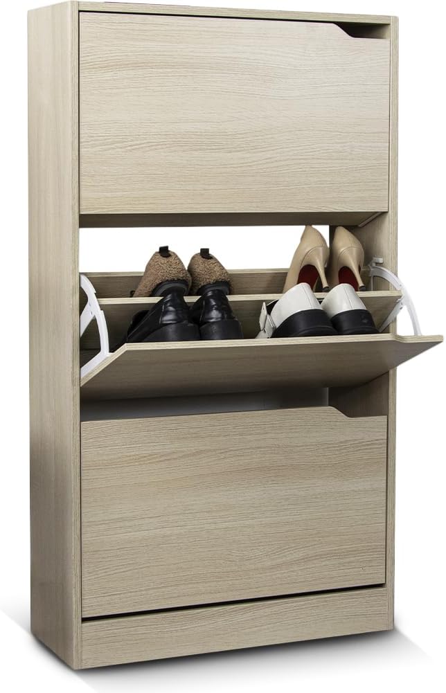 Wood Shoe Cabinet with 3 Doors, Shoe Cabinets, Retractable Handles, Double Depth, 63 x 24 x 115 cm