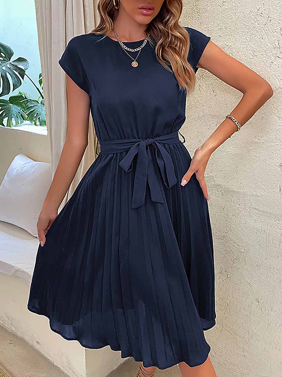 Solid Color Lace-Up Pleated Dress