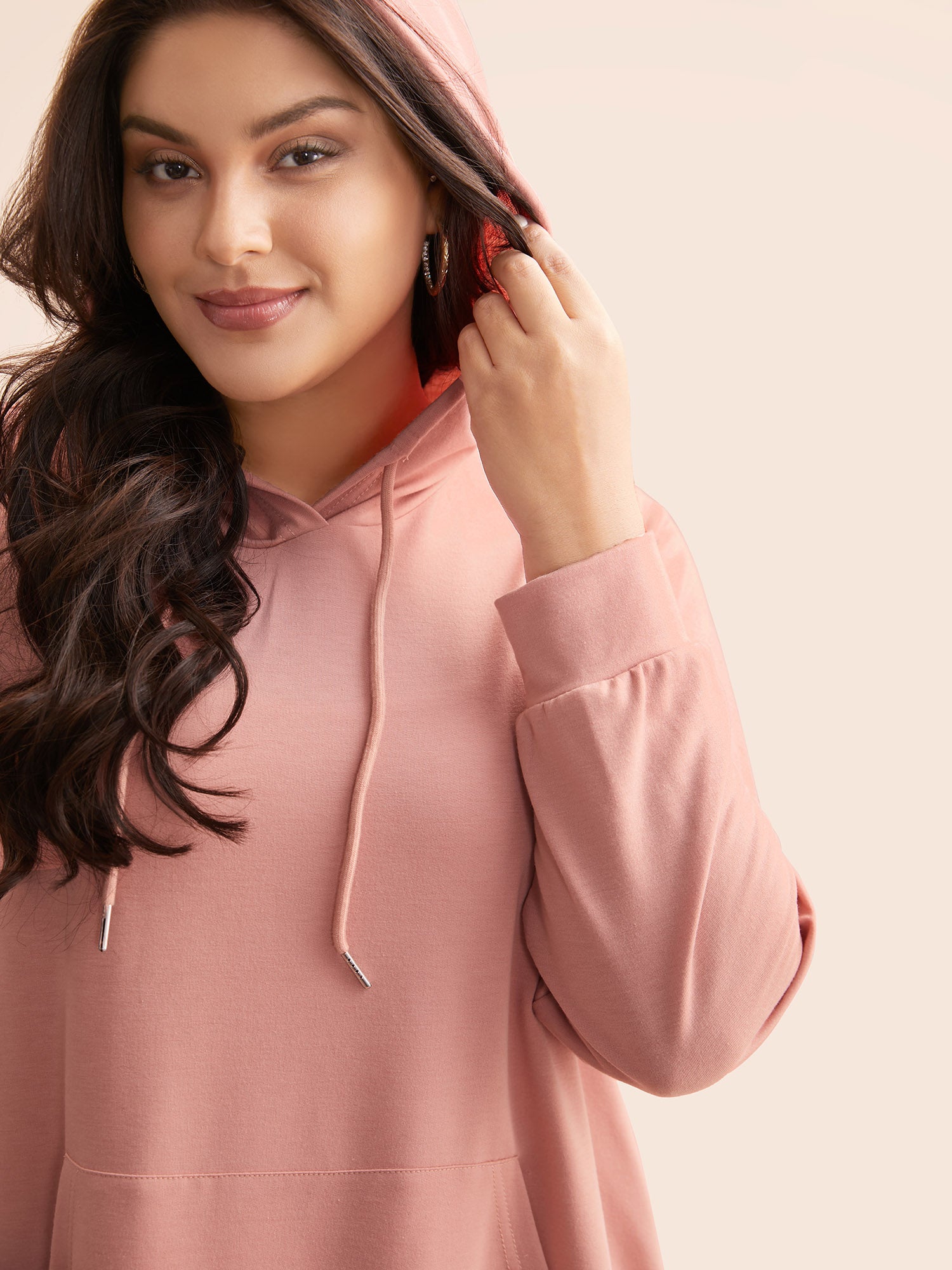 Solid Slightly Stretchy Hooded Drawstring Sweatshirt