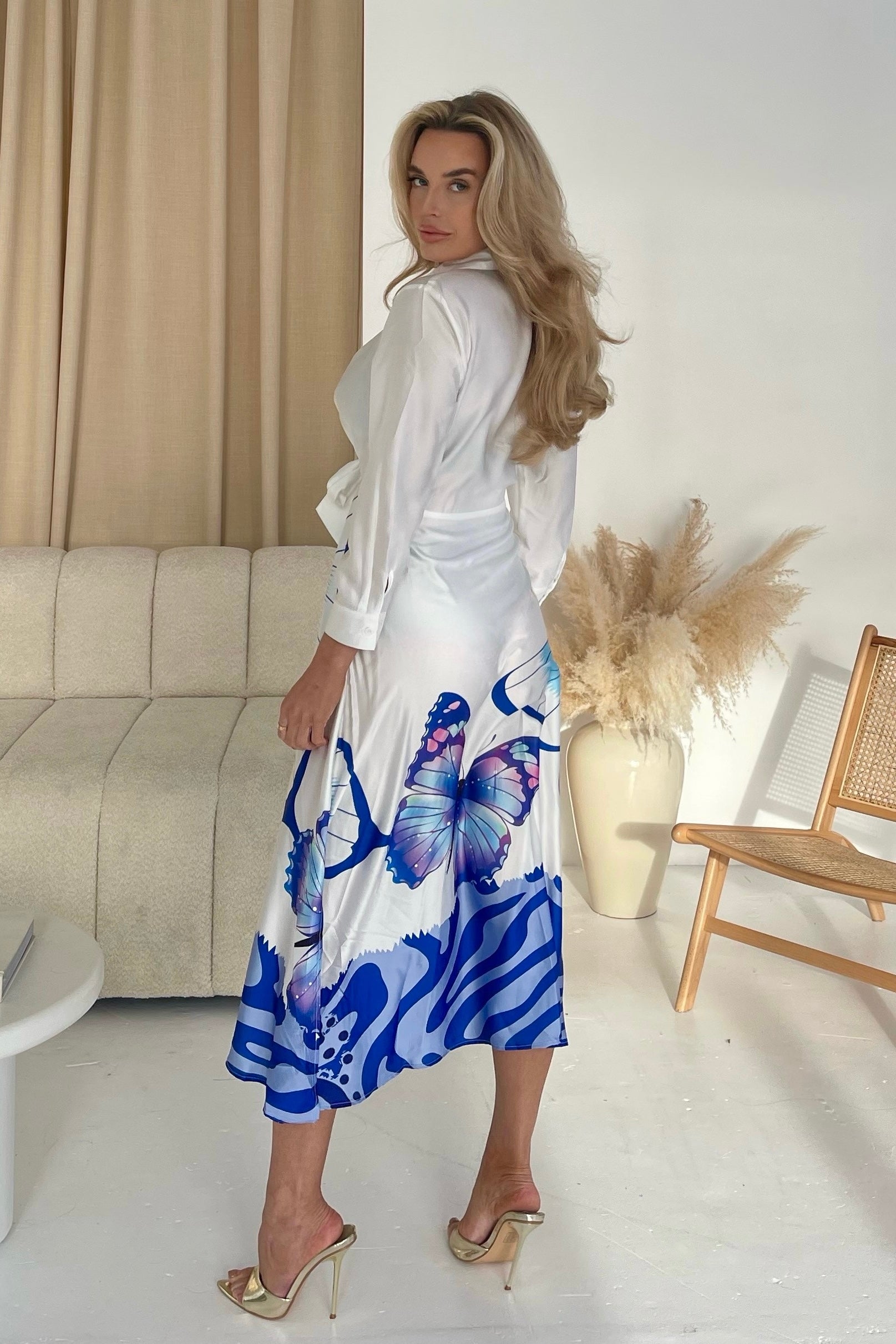 Isabella Blue Butterfly Tie Front Shirt Dress