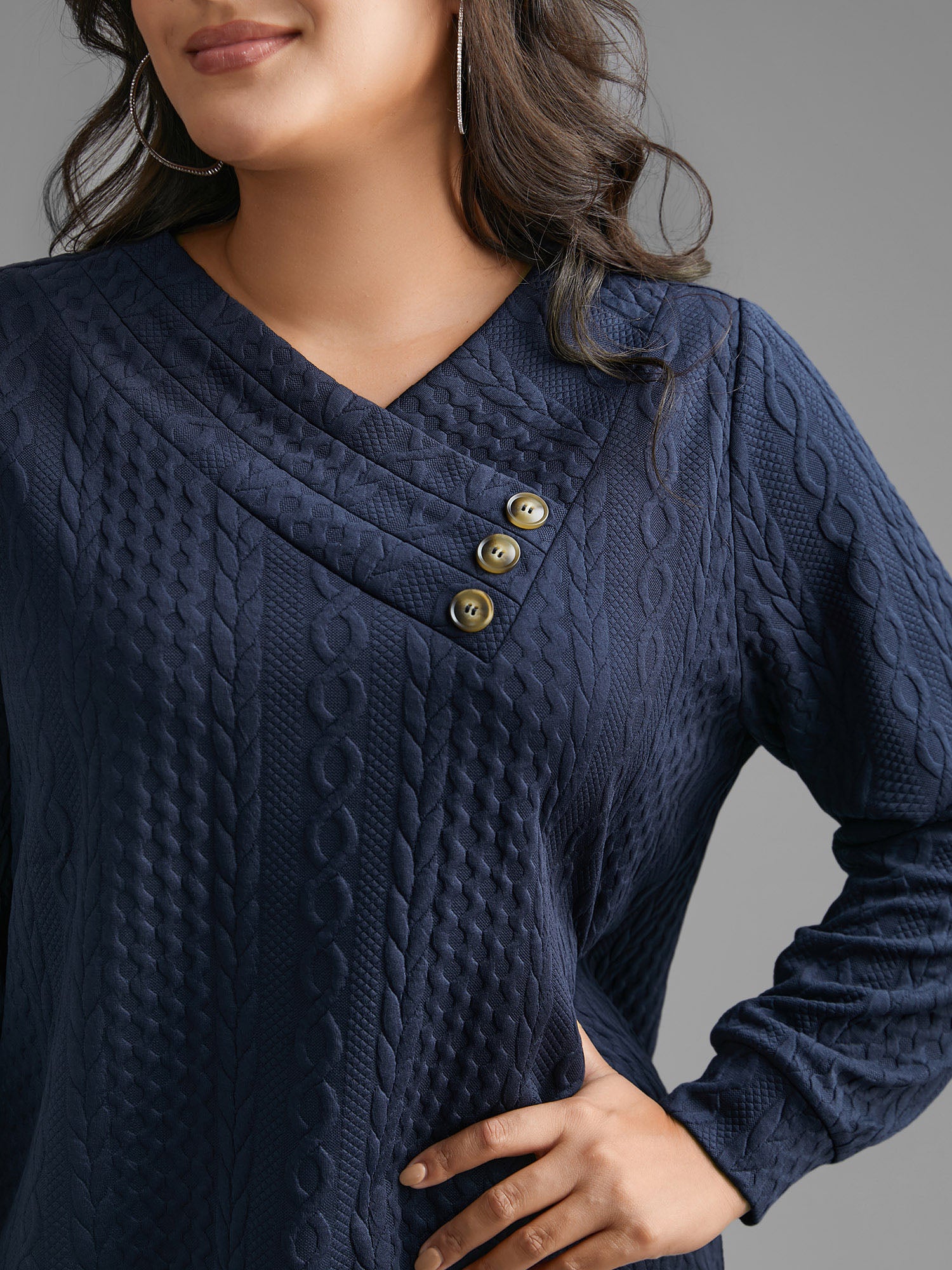 Overlap Collar Textured Button Detail Sweatshirt
