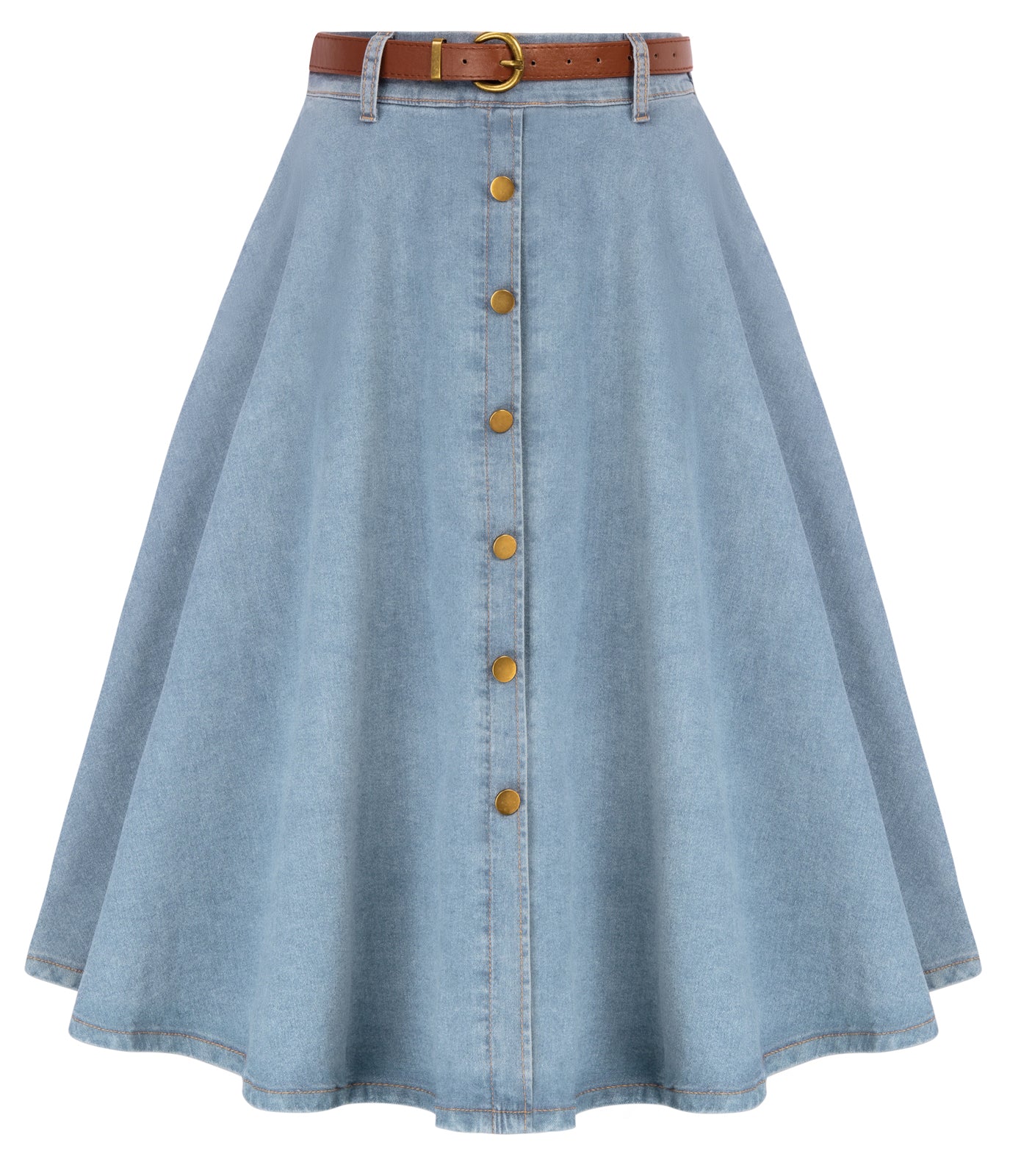 Jean Skirt with Belt Elastic High Waist A-Line Midi Skirt