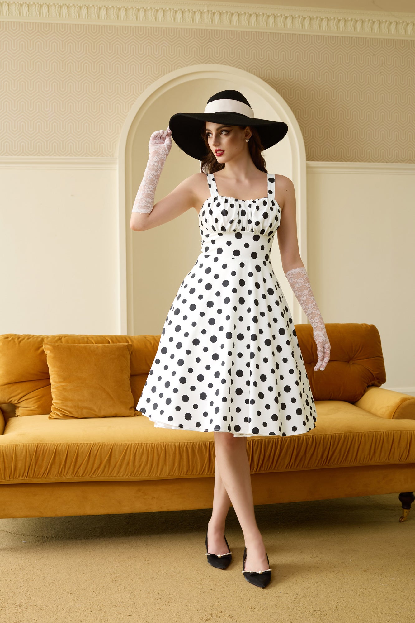 Vintage Polka Dots Two-Way Defined Waist Dress Ruched Bodice Flared A-Line Dress