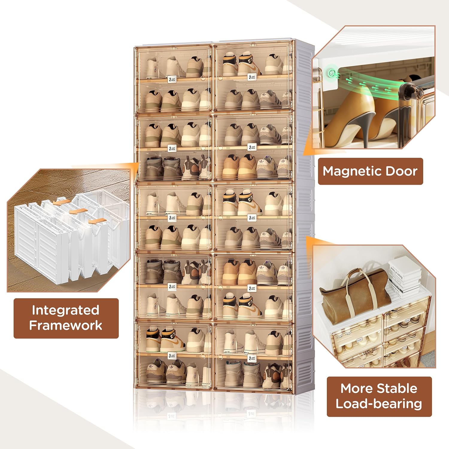 ANTBOX Portable Shoe Rack Organizer for Closet Entryway, Stackable Sneaker Storage Shoe Cabinet with Magnetic Clear Door, Large Plastic Storage containers Bins with Lids 5 Tiers 20 Pairs