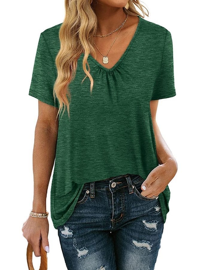 Women's V-Neck Gathered Loose Short Sleeve T-Shirt