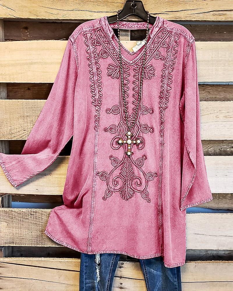 Women's Ethnic Pattern Print V-Neck Long Sleeves Casual Denim Top