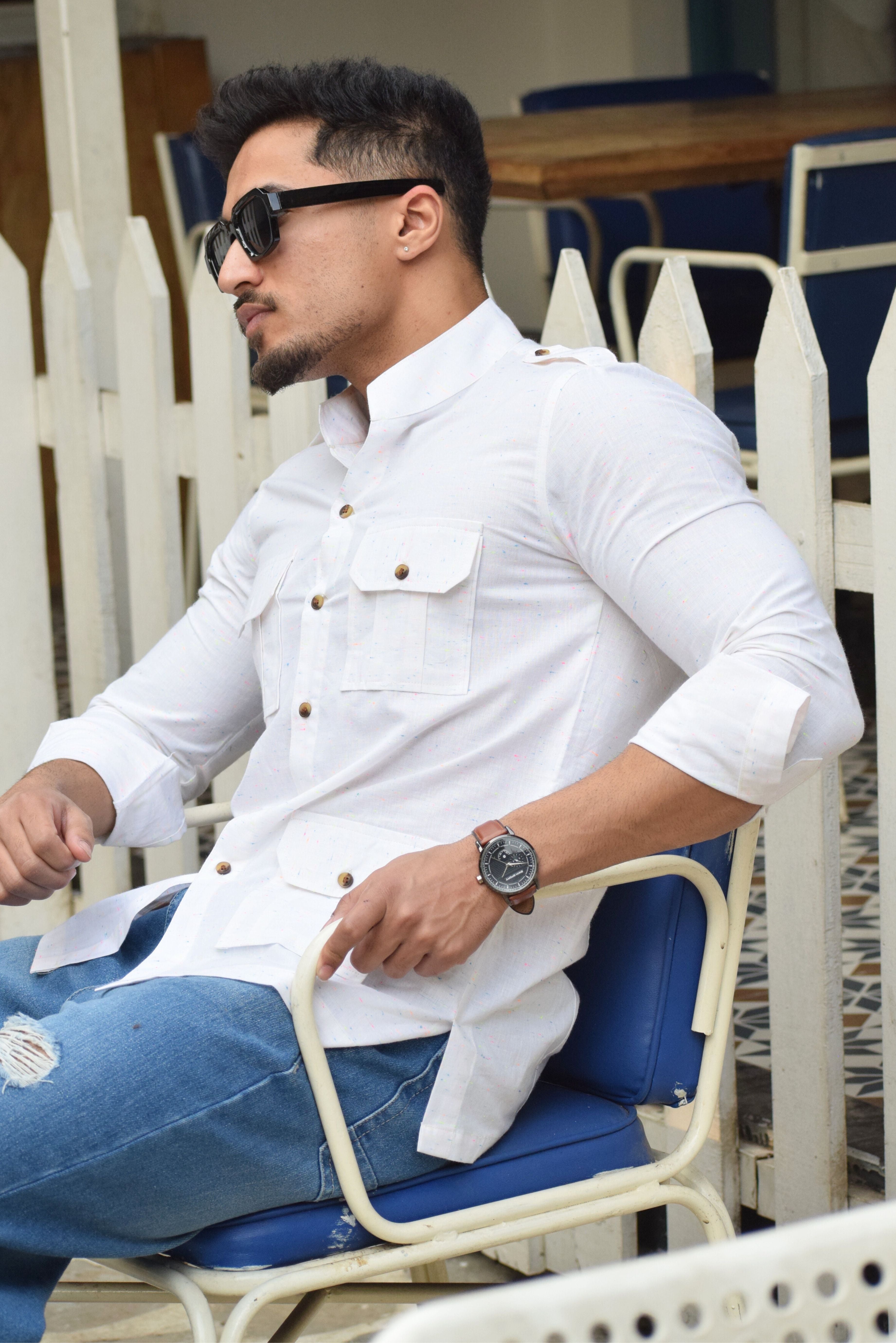 Off-White Cotton Hunting Style Shirt with Multicolor Dots