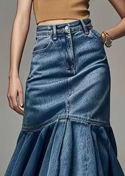 Blue Wrinkled High Waist Fishtail Skirt Summer