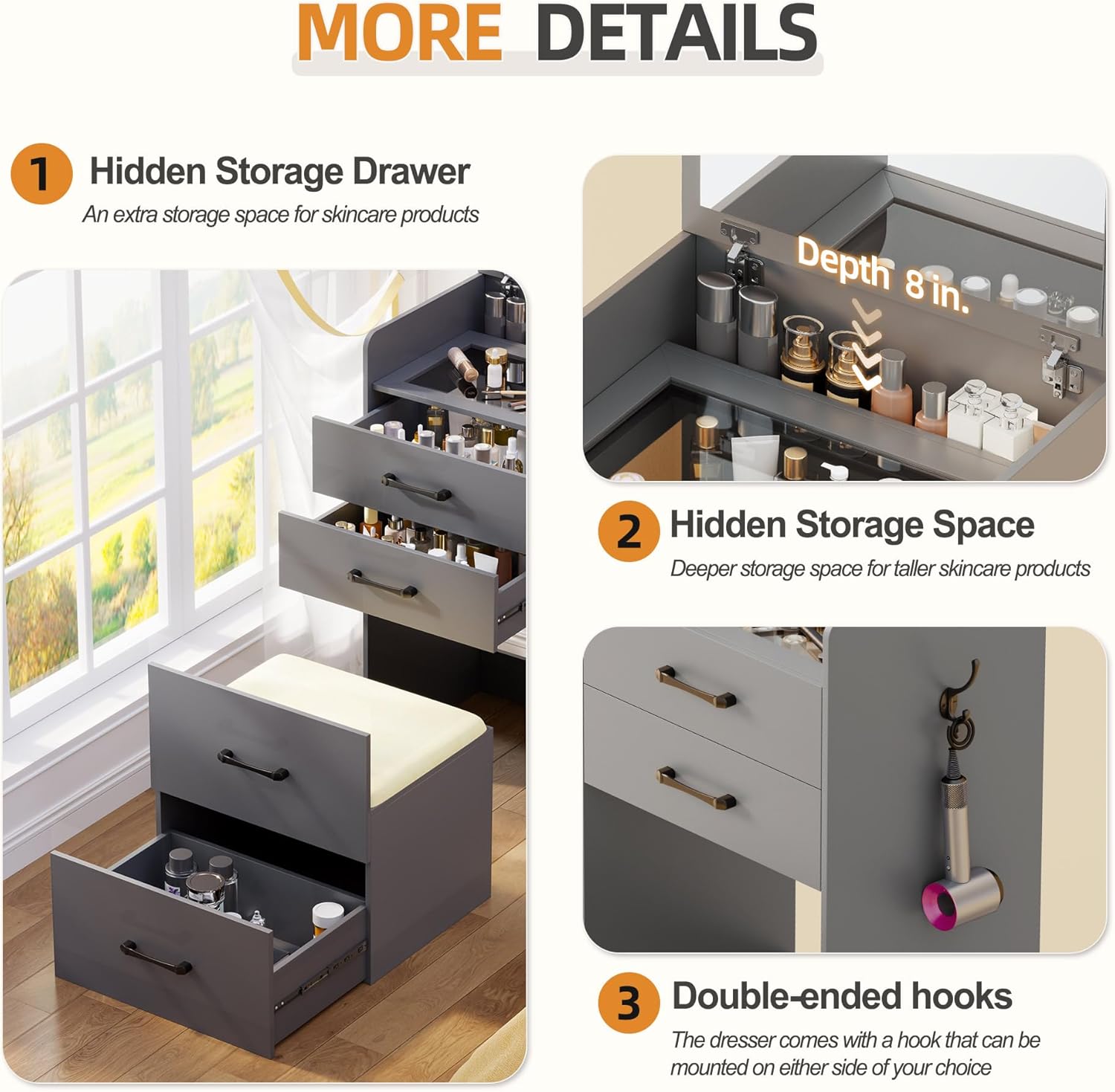 3 in 1 Vanity Desk with Flip Top Mirror for Bedroom