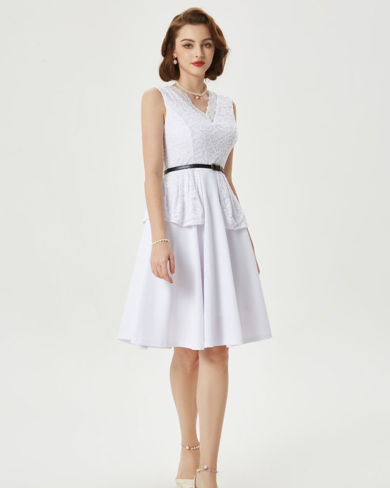 A Line Dresses for Women Lace Patchwork Sleeveless Flared Vintage Dress with Belt