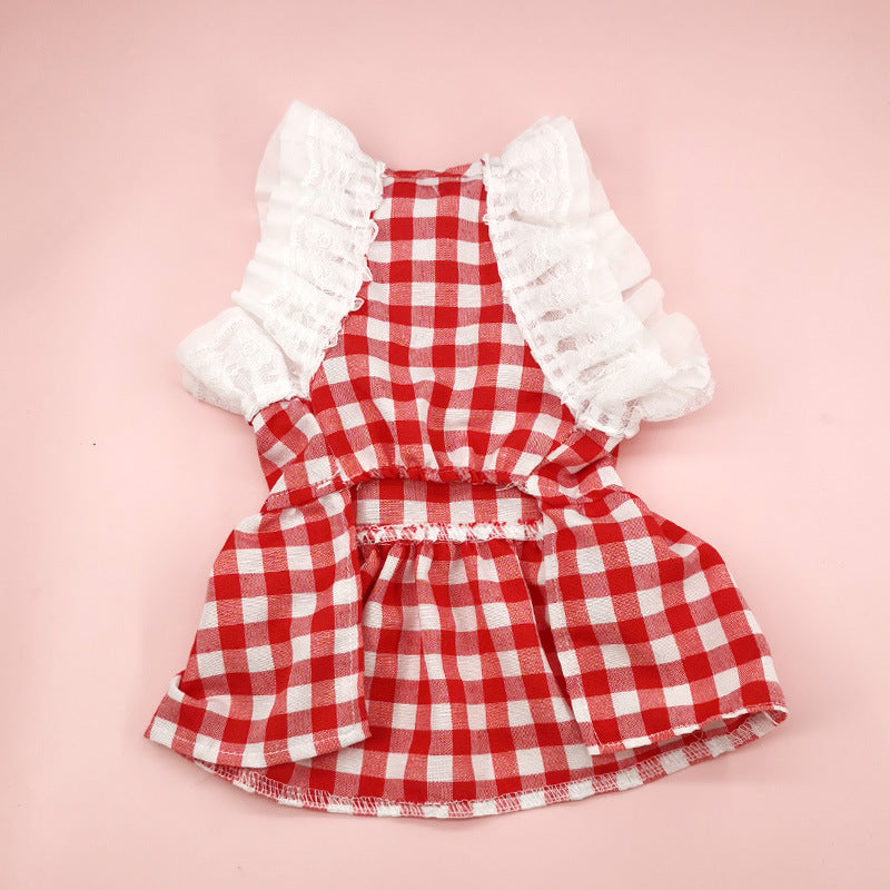 Plaid Lace Bow Dog Cat Dress
