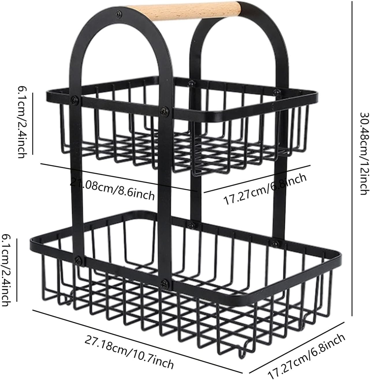 Fruit Storage Basket 2-Tier Kitchen Countertop Storage Rack With Wooden Handle (Black)
