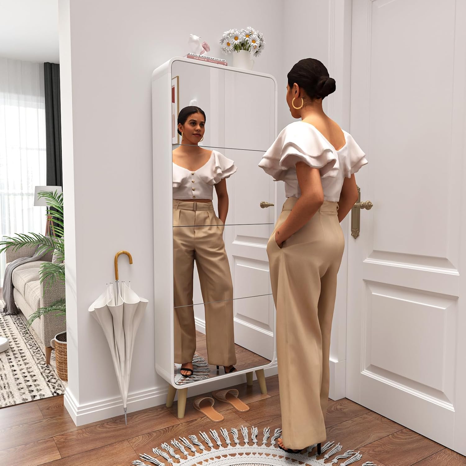 Entrance Shoe Locker, 5 Tier Full Length Mirror Shoe Organizer Wooden Narrow Shoe Cabinet, White Shoe Rack for Front Door Entrance Outdoor