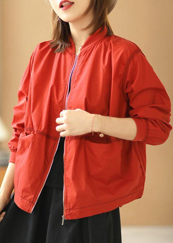 Boutique Red Stand Collar Zippered Pockets Fall Jacket Long Sleeve